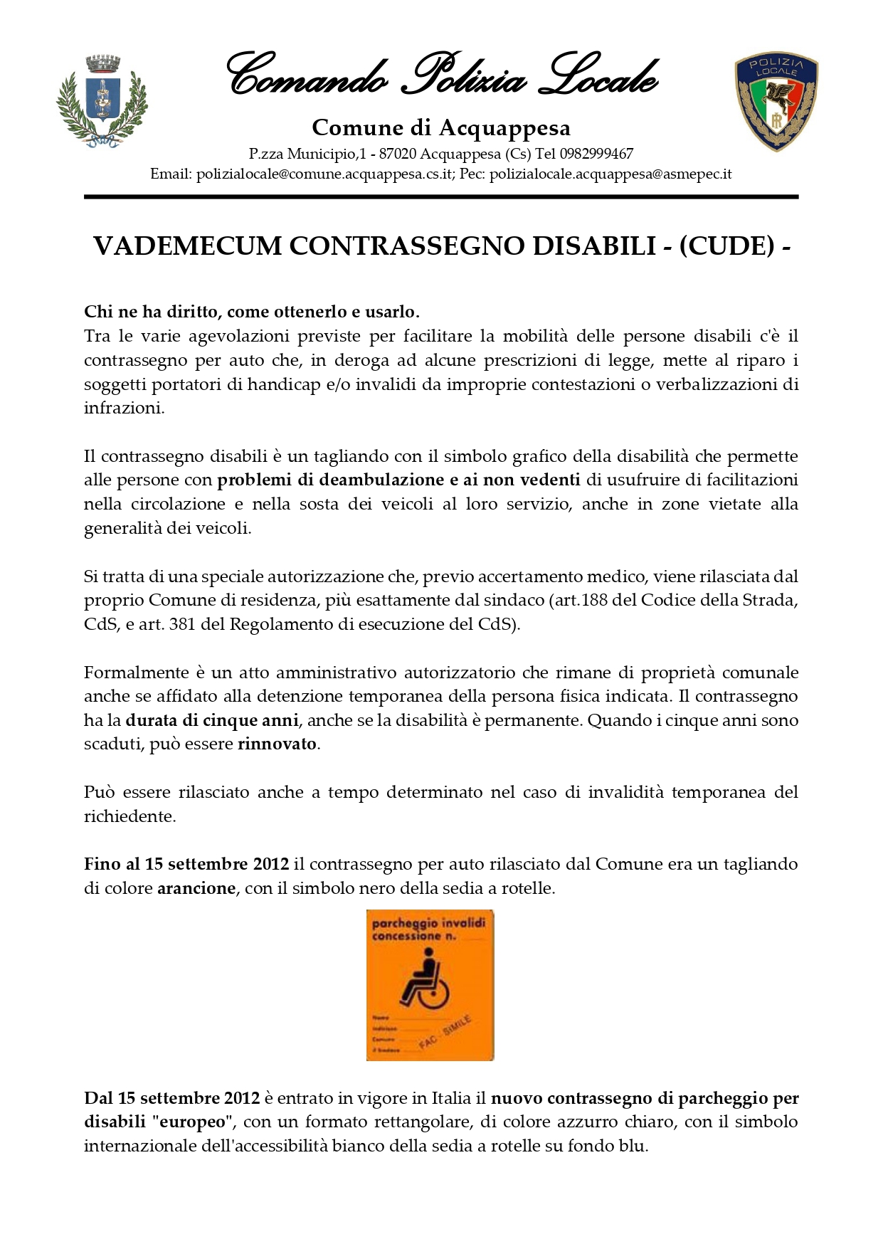 VADEMECUM CONTRASSEGNO DISABILI - (CUDE) -